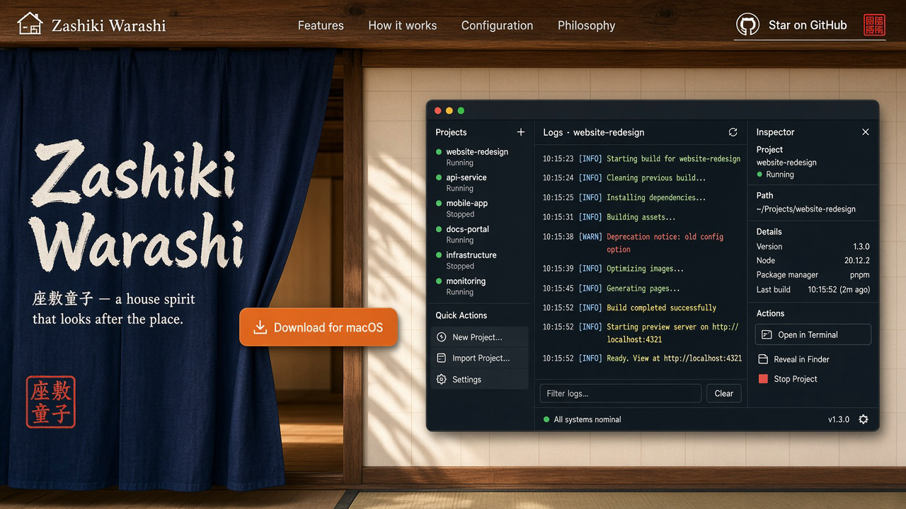 Zashiki Warashi: indigo noren parted to reveal the app keeping localhost projects tidy